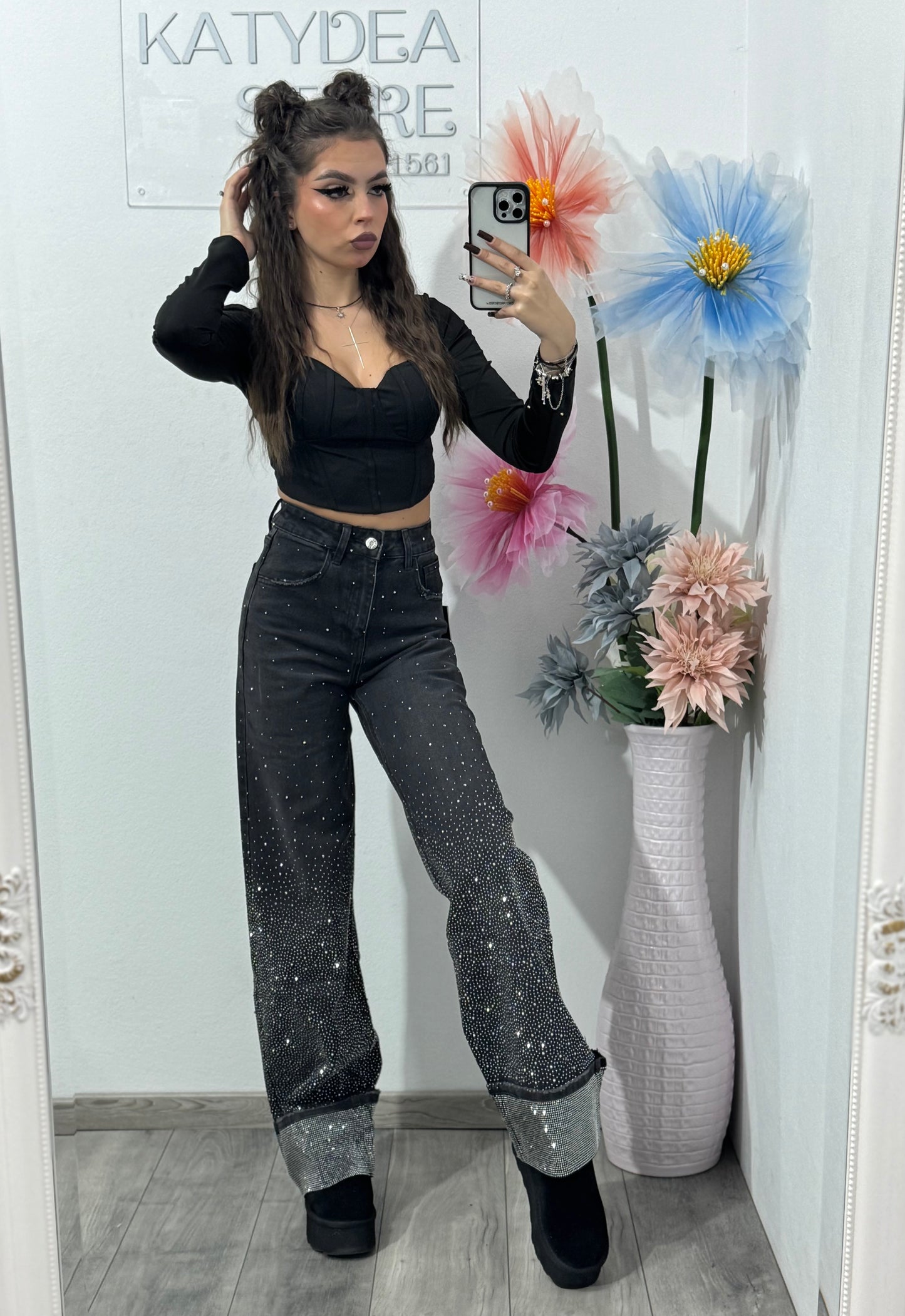 Jeans WideLeg cu cristale ștanțate negri Paulina