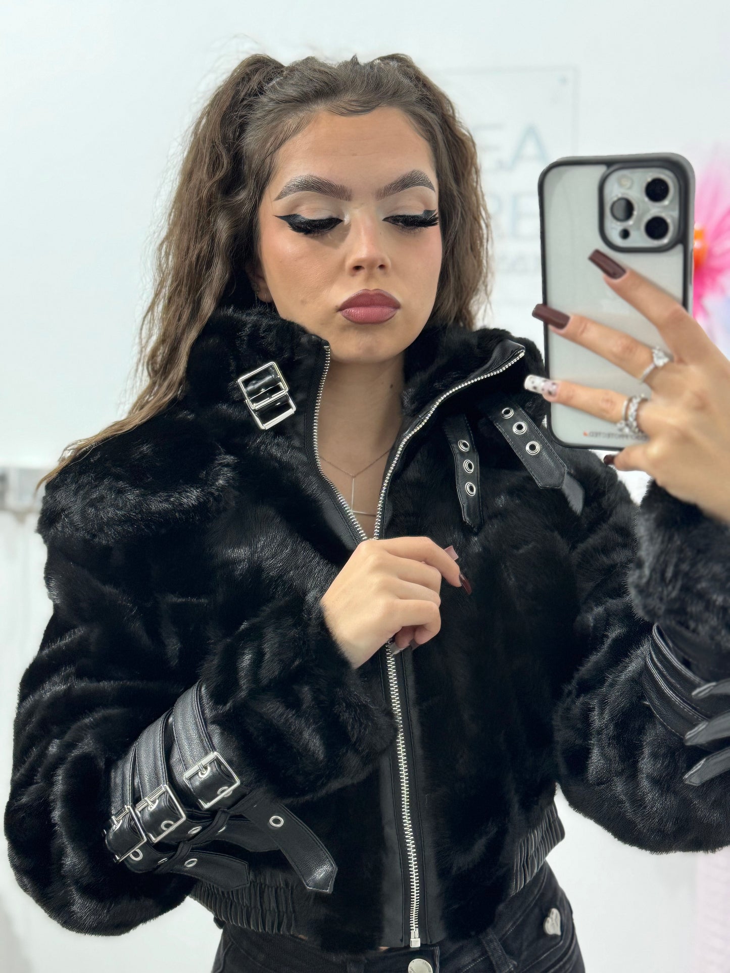 Geacă cu piele și blană neagră Andree