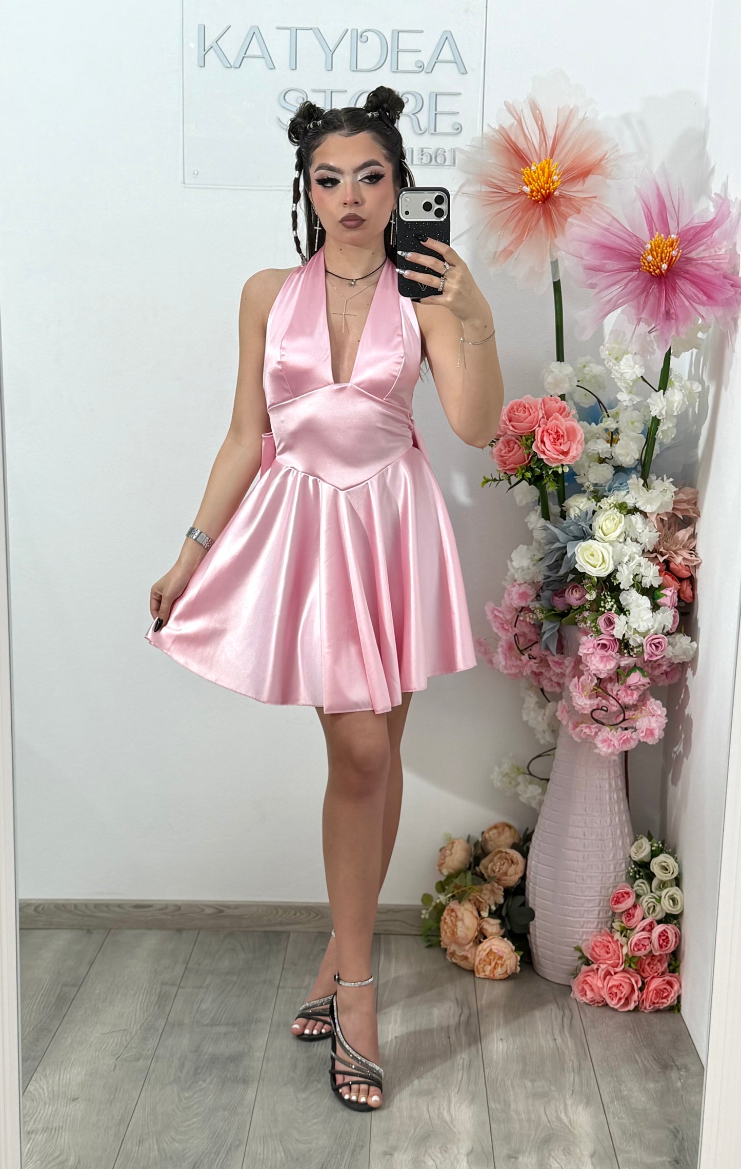 Rochie satinata cu funda BELLE roz pudra