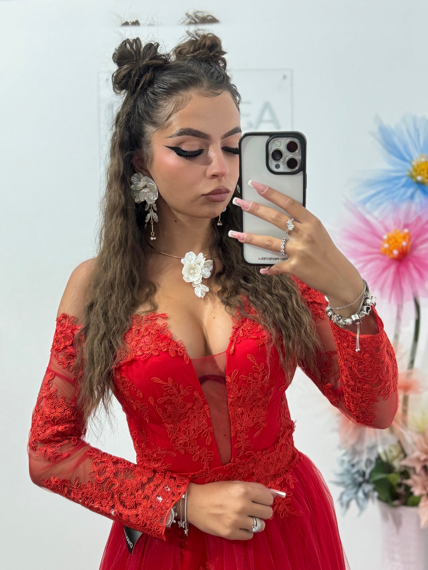 Rochie rosie de seara lunga Vivian din tulle si dantela