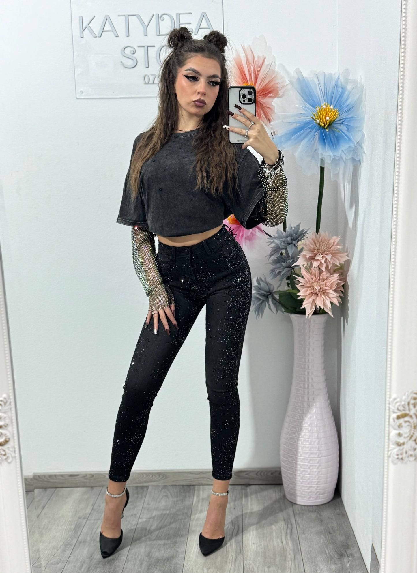 Jeans skinny negri cu cristale ștanțate DARIA