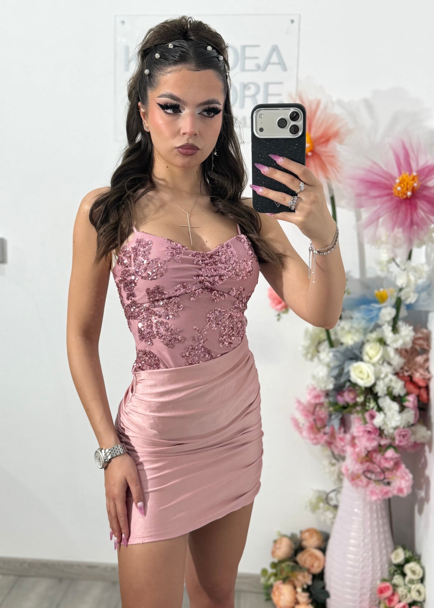 Rochie elegantă cu paiete roz MELEK