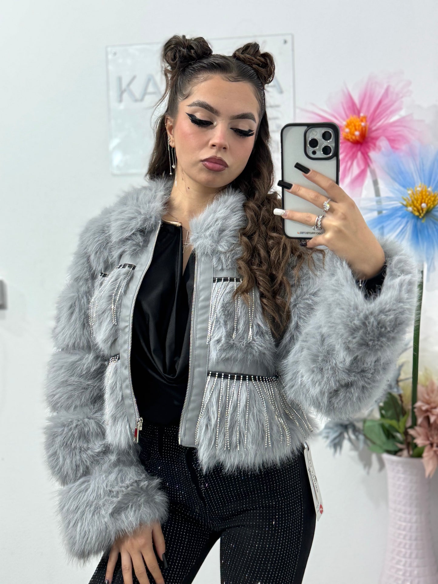 Geacă din blană cu cristale gri Alexis