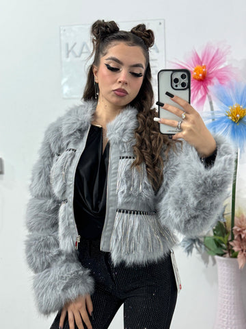 Geacă din blană cu cristale gri Alexis