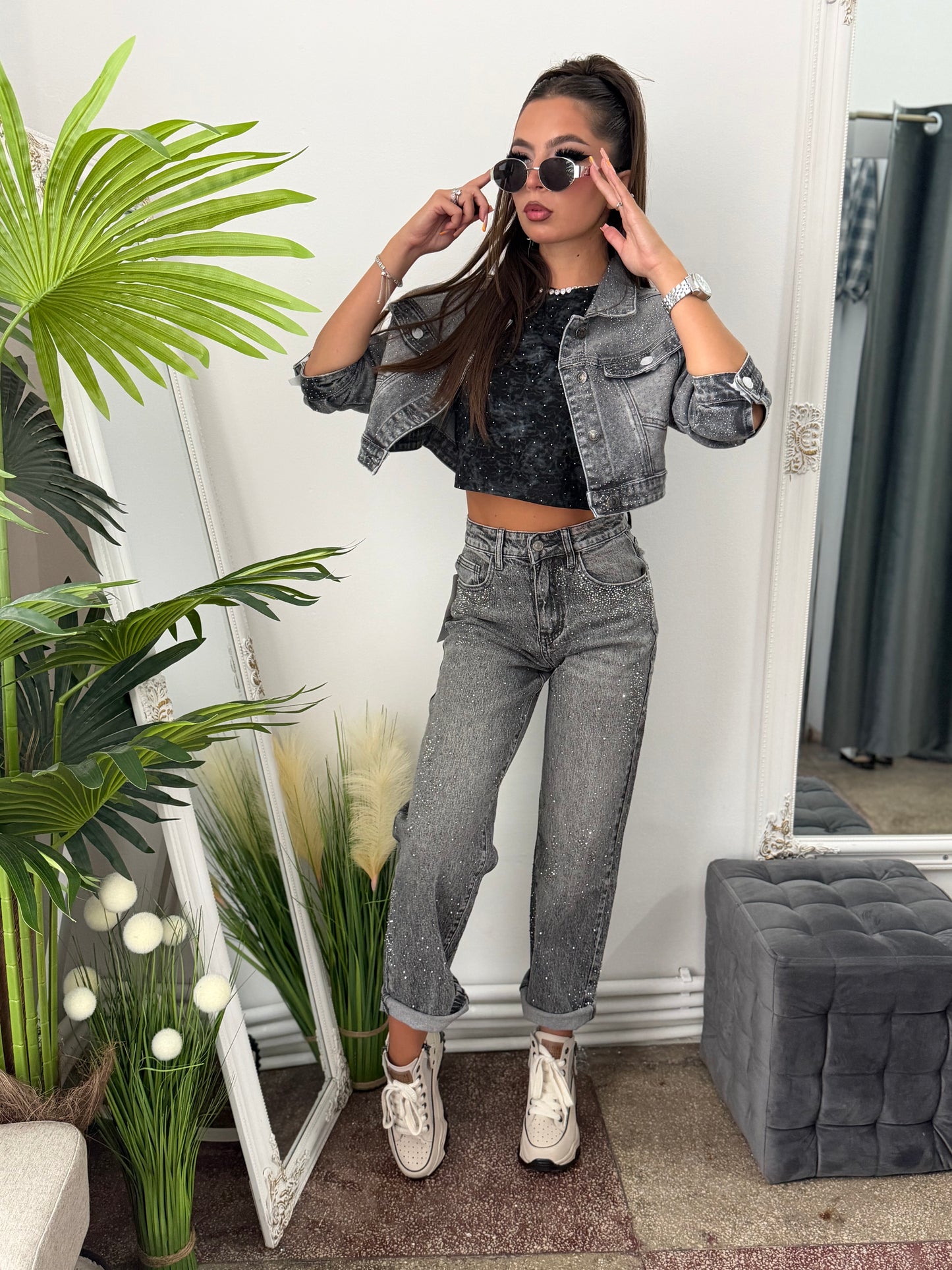 Jeans WideLeg gri cu cristale ștanțate CAMY