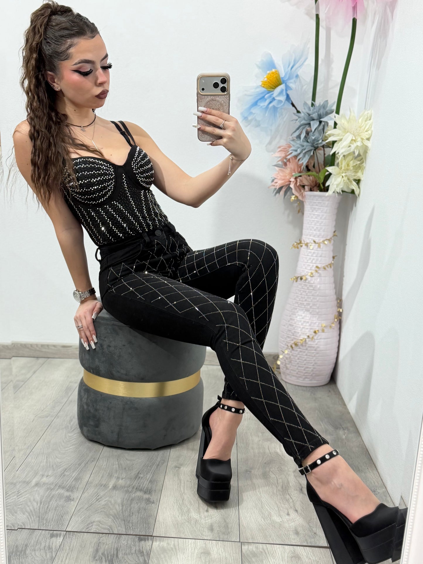 Jeans skinny negri cu cristale MARA