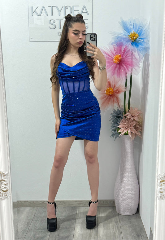 Rochie cu corset și cristale ștanțate albastru Mary