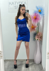 Rochie cu corset și cristale ștanțate albastru Mary