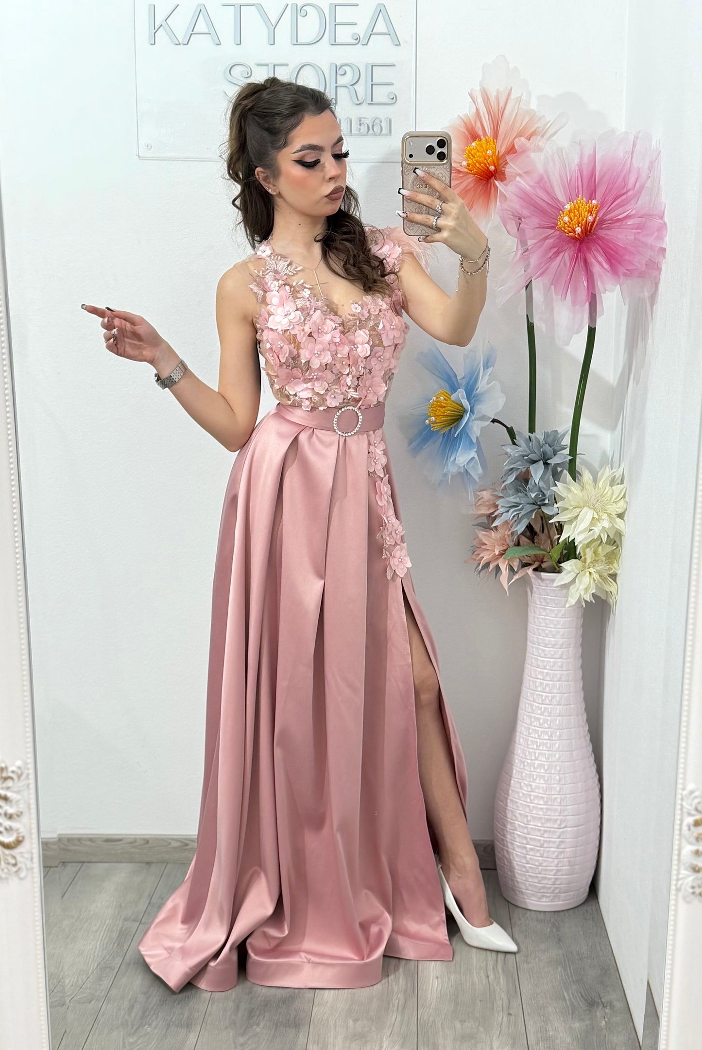 Rochie lunga din tafta roz Gabrielle