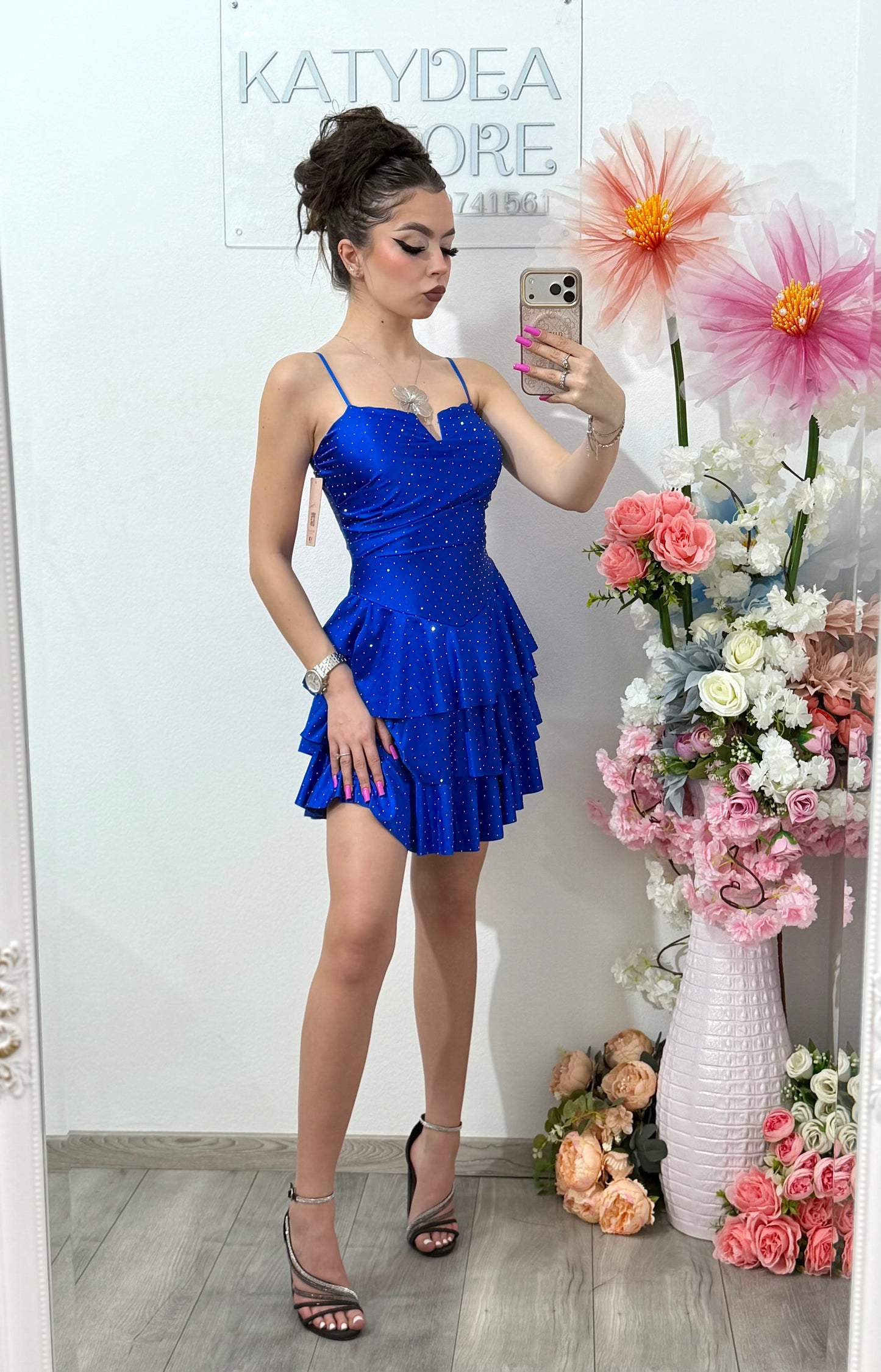 Rochie scurta albastru electric cu cristale ștanțate ZONIA
