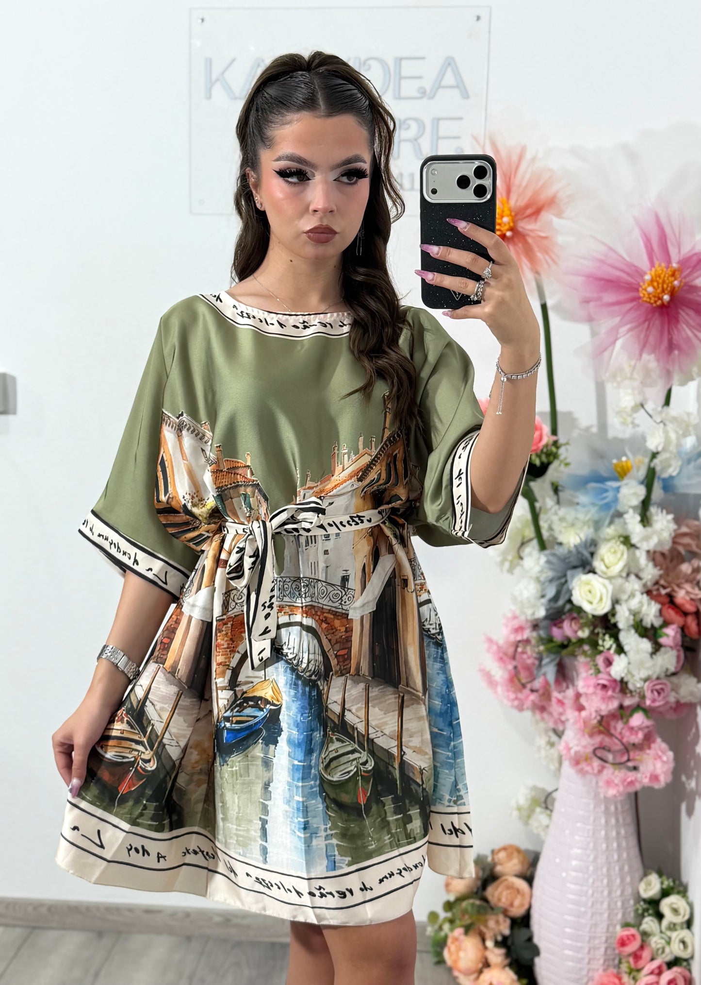 Rochie satinata cu imprimeu kaki RAYSA