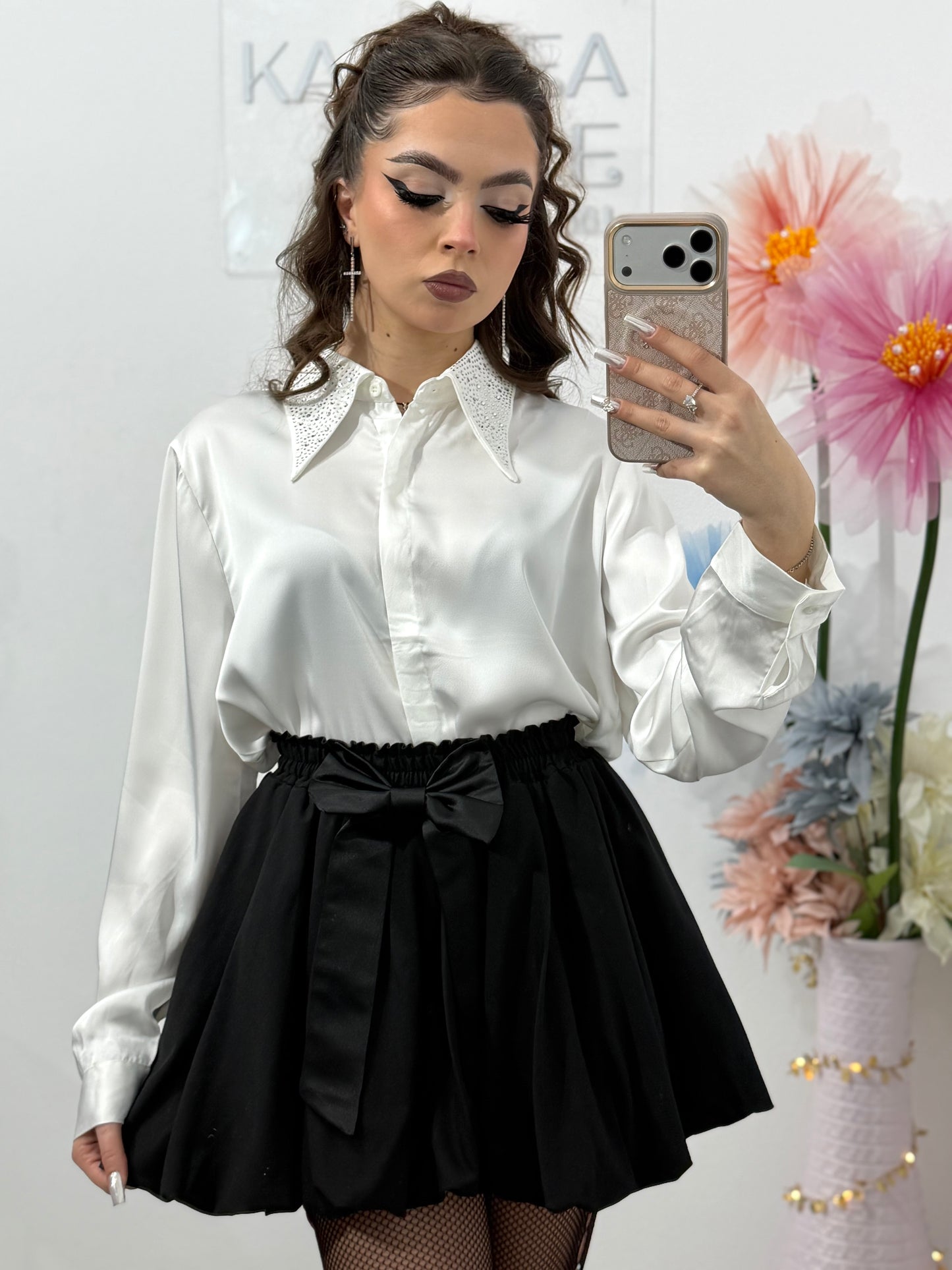 Cămașă satinata cu guler accesorizat PAULA alba