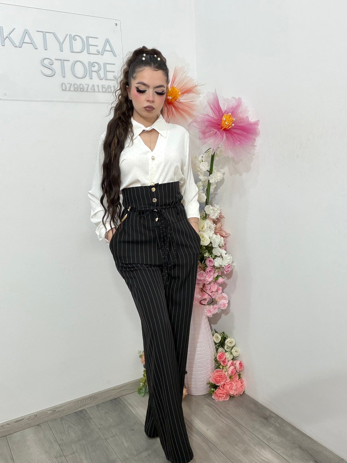 Pantaloni WideLeg cu dungi și talie înaltă negri NADIA