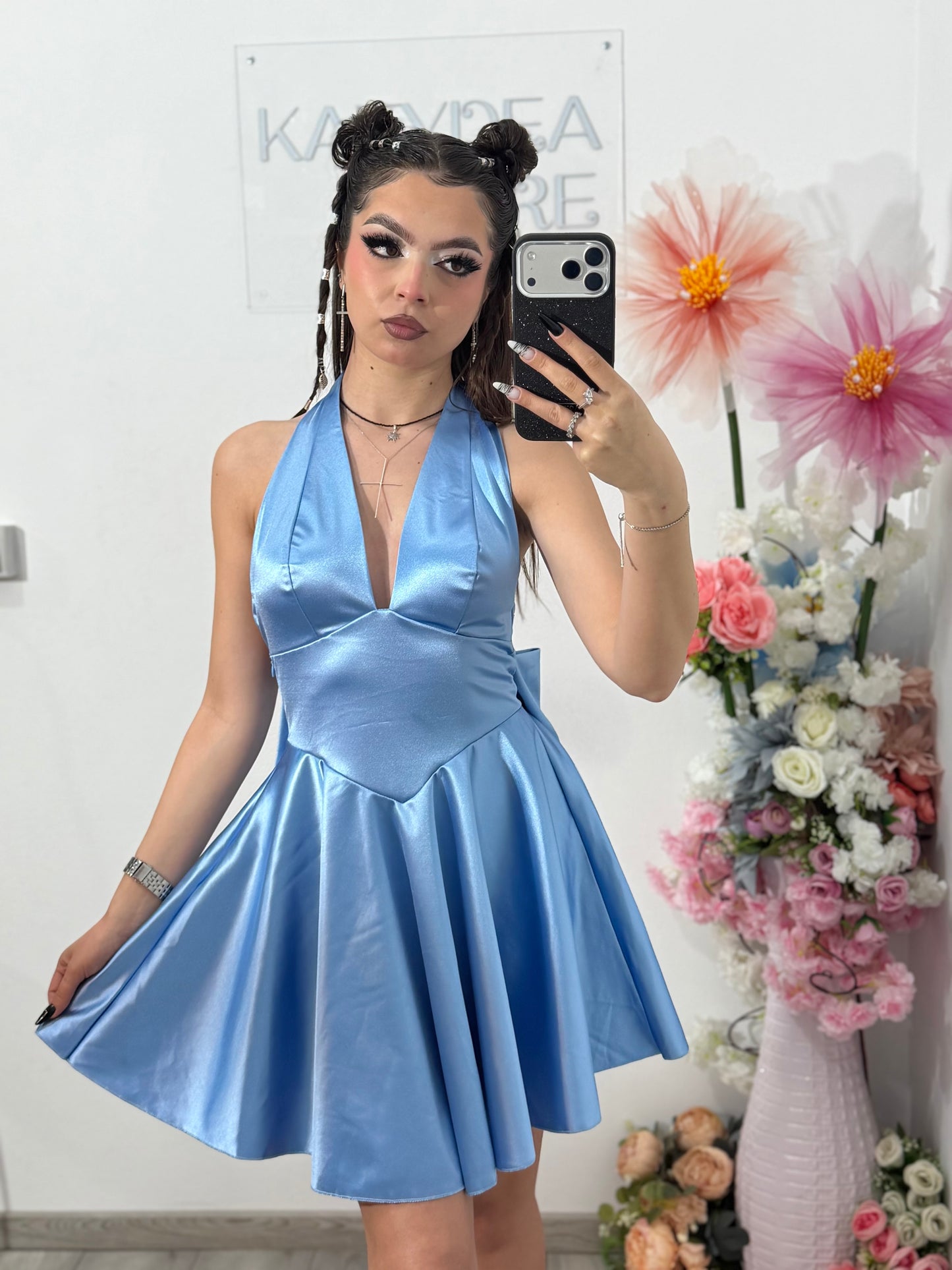 Rochie satinata cu funda BELLE babyblue