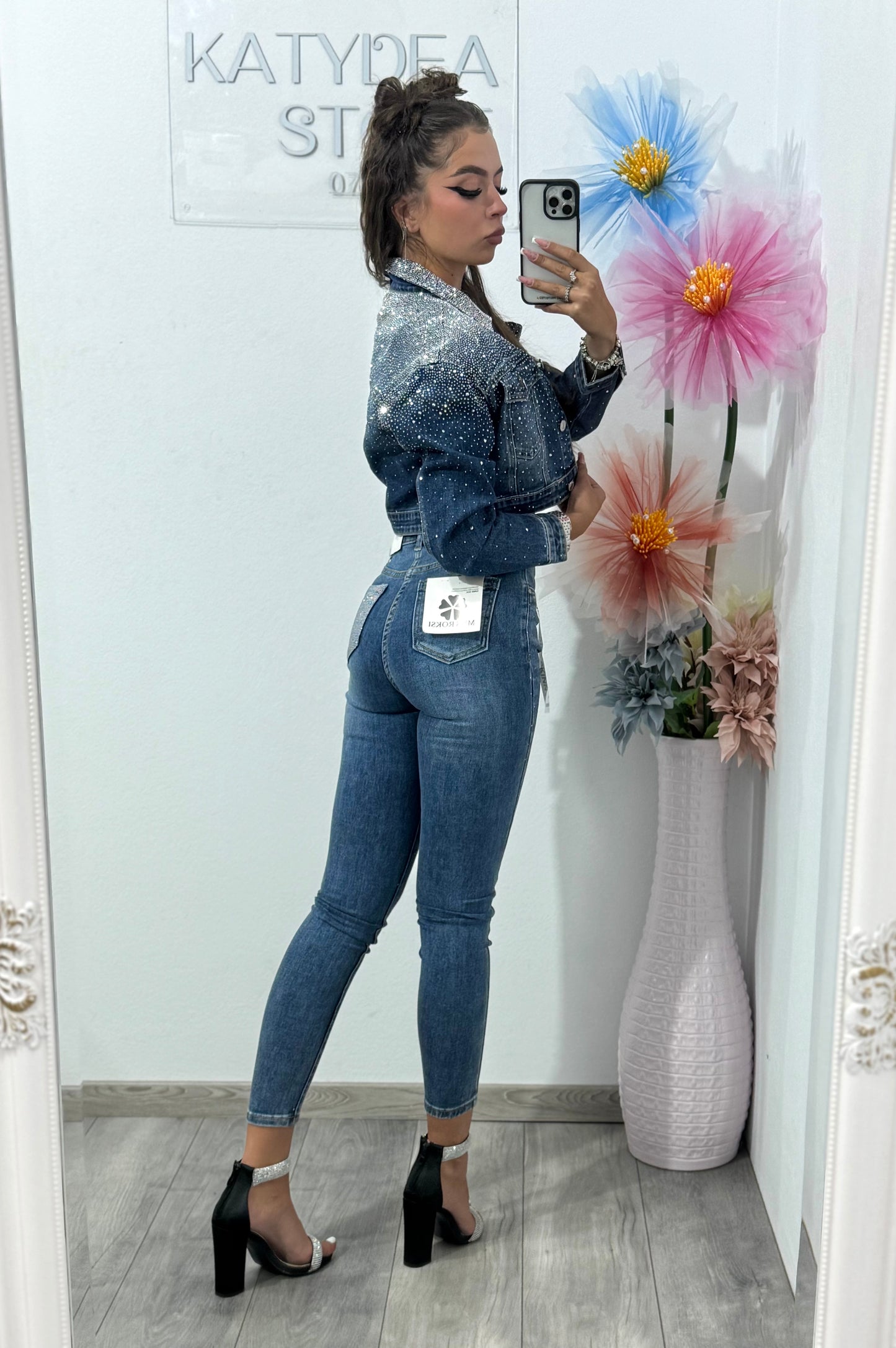 Jeans skinny albaștri cu cristale Clara