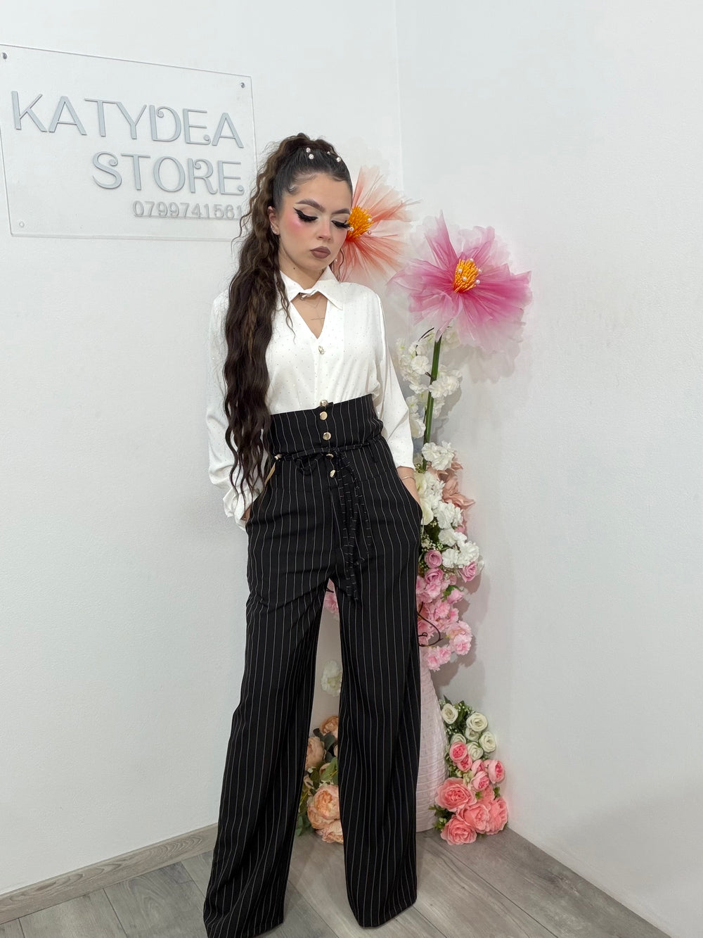 Pantaloni WideLeg cu dungi și talie înaltă negri NADIA