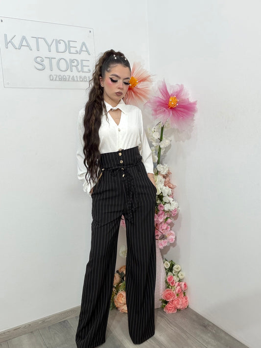 Pantaloni WideLeg cu dungi și talie înaltă negri NADIA