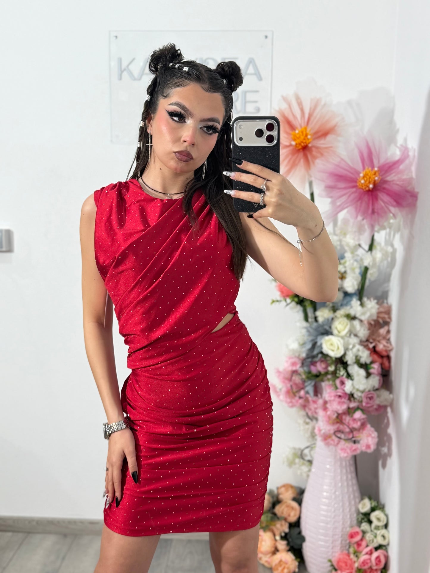 Rochie elegantă cu cristale ștanțate rosie SELENA