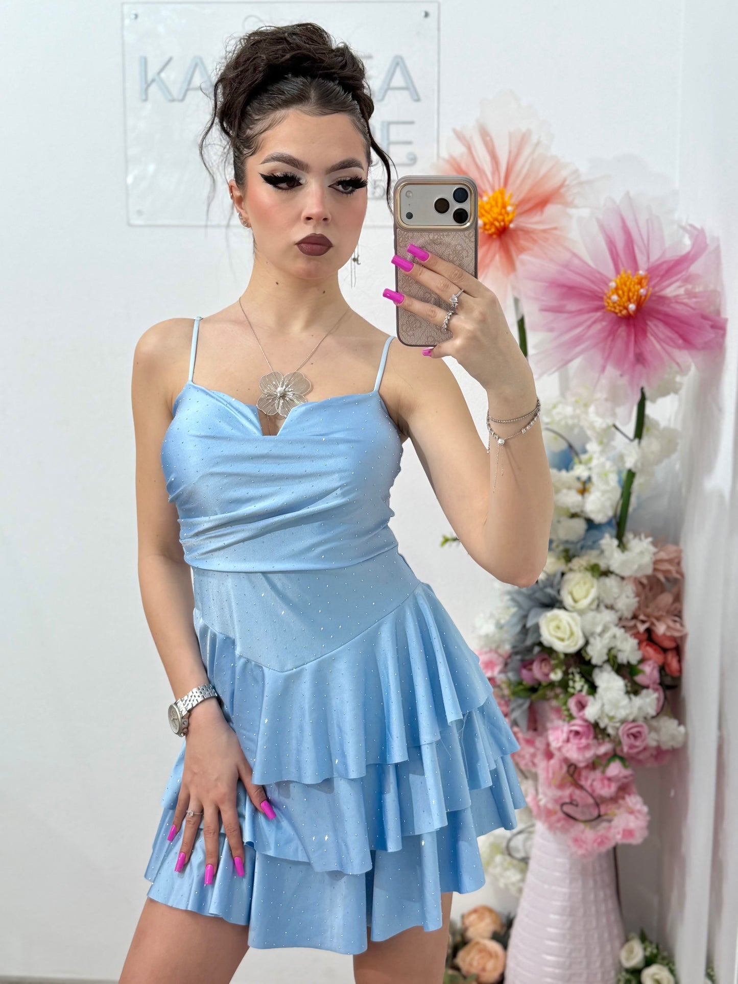 Rochie scurta babyblue cu cristale ștanțate ZONIA