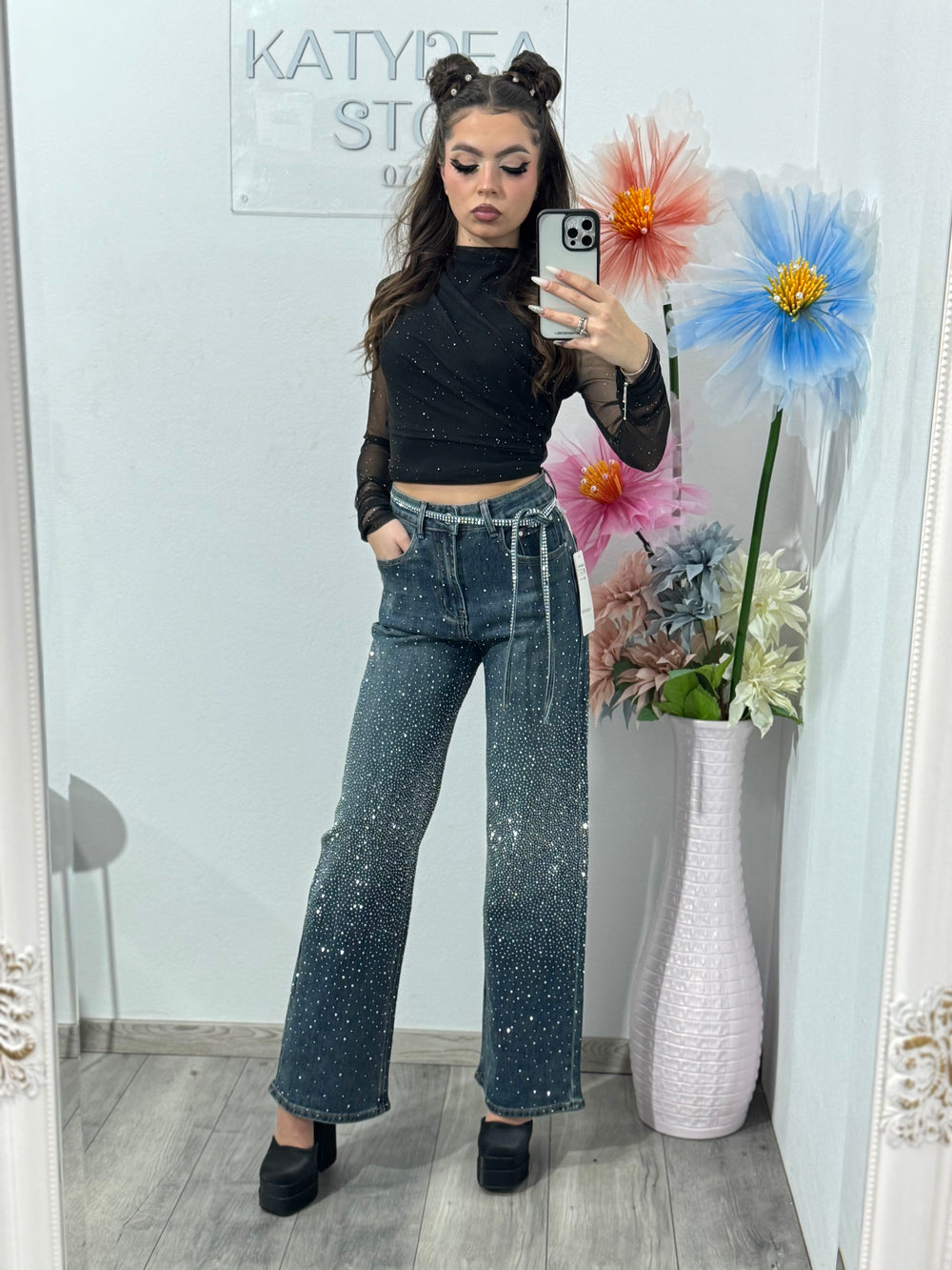 Jeans WideLeg cu cristale ștanțate XONIA