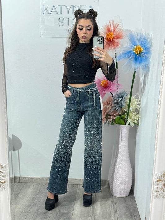 Jeans WideLeg cu cristale ștanțate XONIA