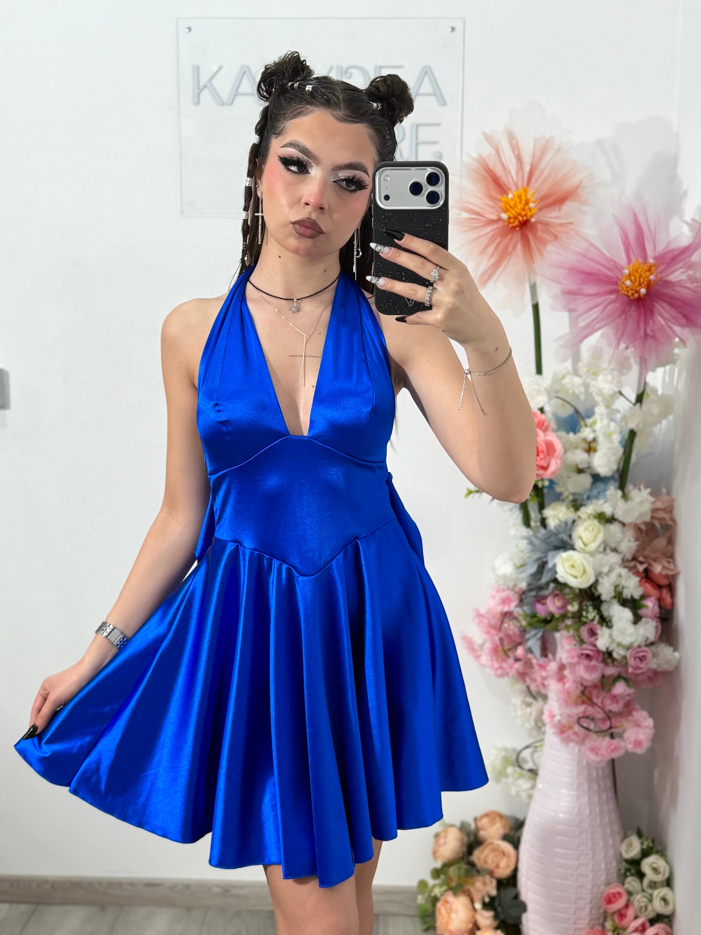 Rochie satinata cu funda BELLE albastru electric