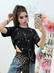 Tricou negru cu lanțuri și accesorii SELENNE