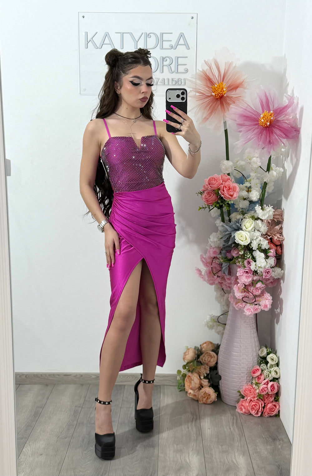 Rochie midi cu cristale fucsia DELIA