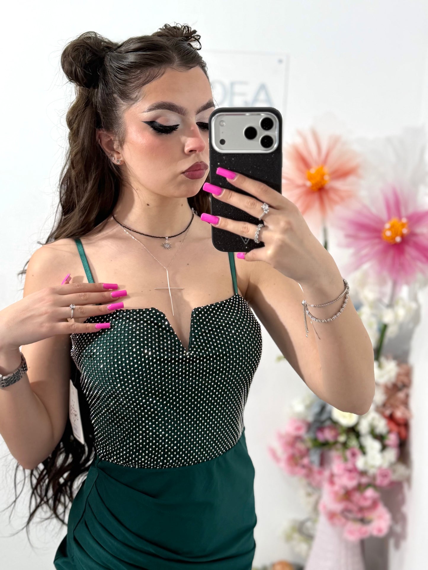 Rochie midi cu cristale verde smarald DELIA