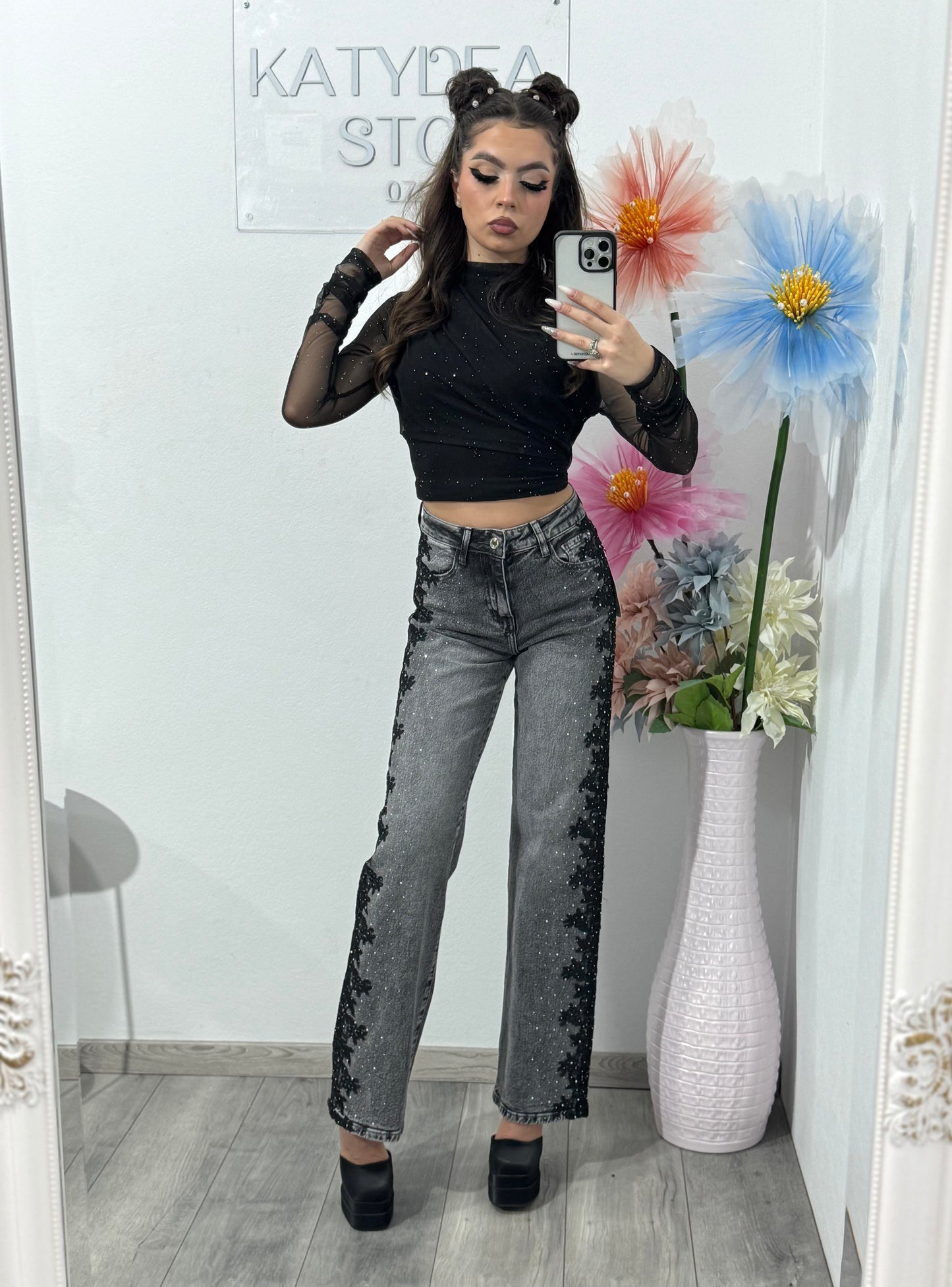Jeans WideLeg cu dantelă și cristale LUXE