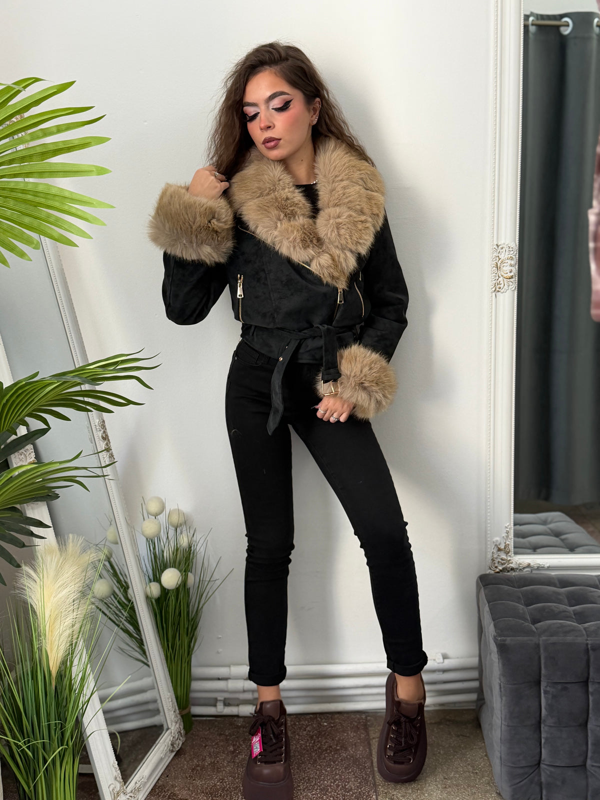 Geacă din imitație de piele și blană BLACK