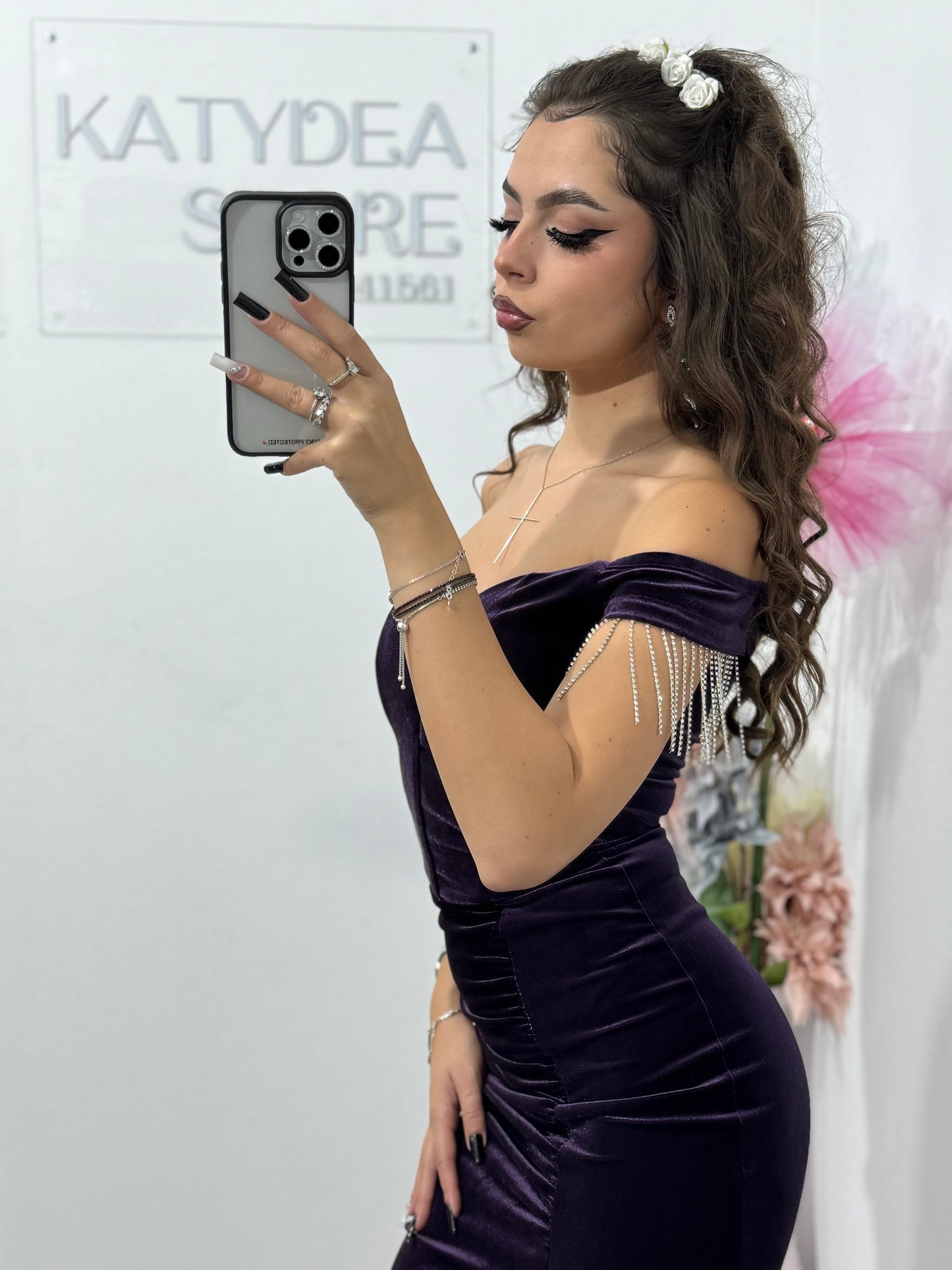 Rochie elegantă mov din catifea, cu umeri goi și despicătură pe picior Lolita
