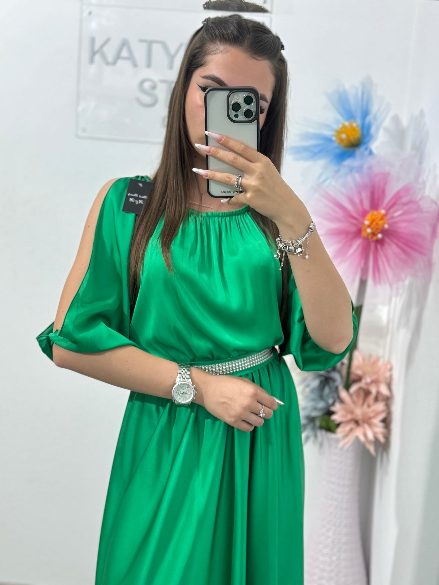 Rochie din satin verde Anna