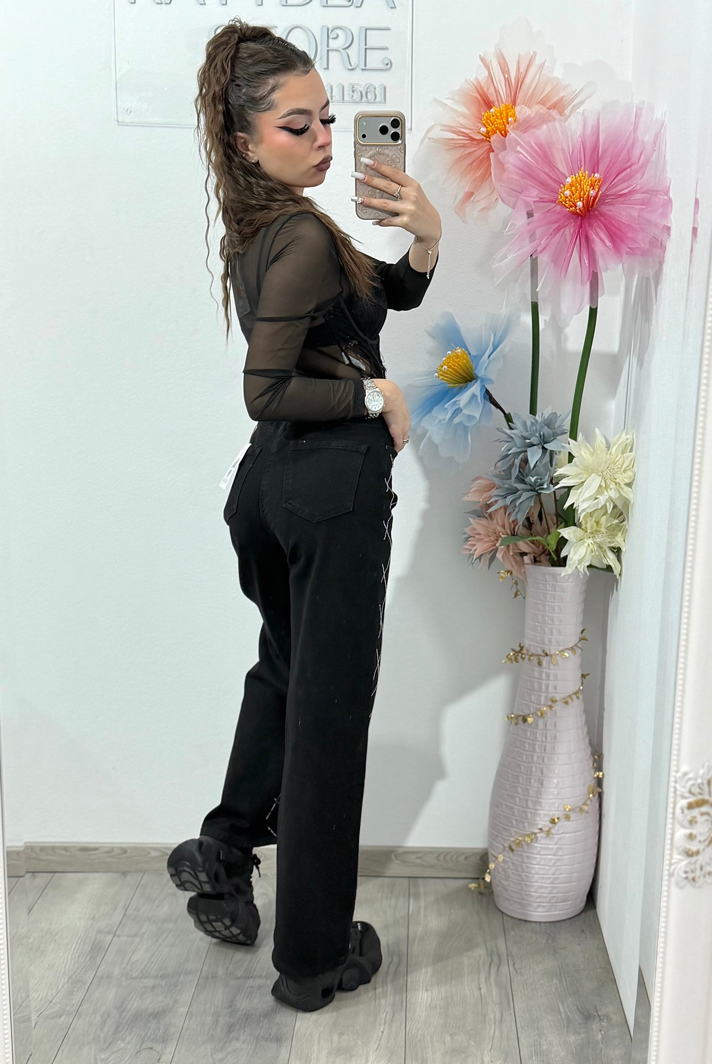 Jeans WideLeg cu cristale ștanțate negri ANAIS