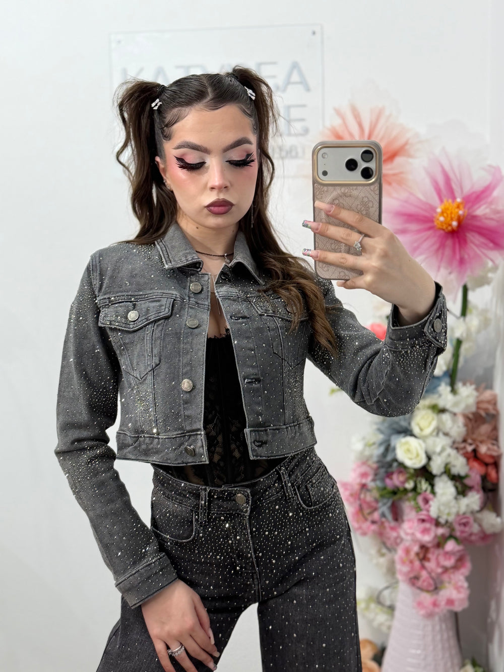 Geacă din denim gri prespălat cu cristale ELIZA