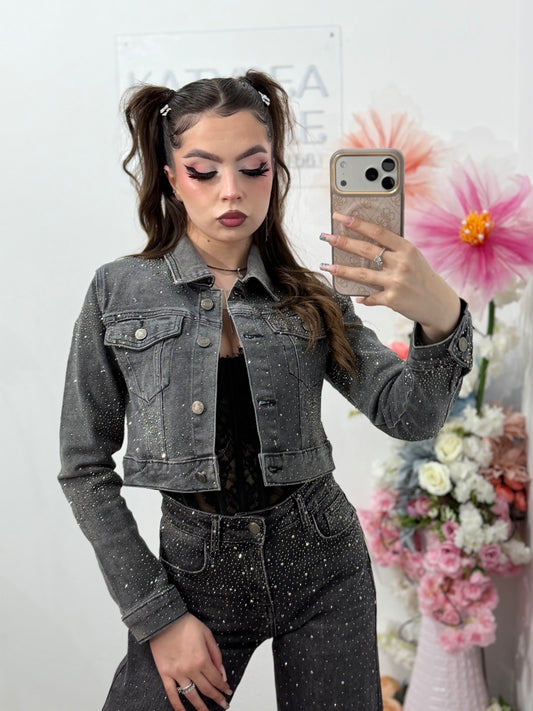 Geacă din denim gri prespălat cu cristale ELIZA