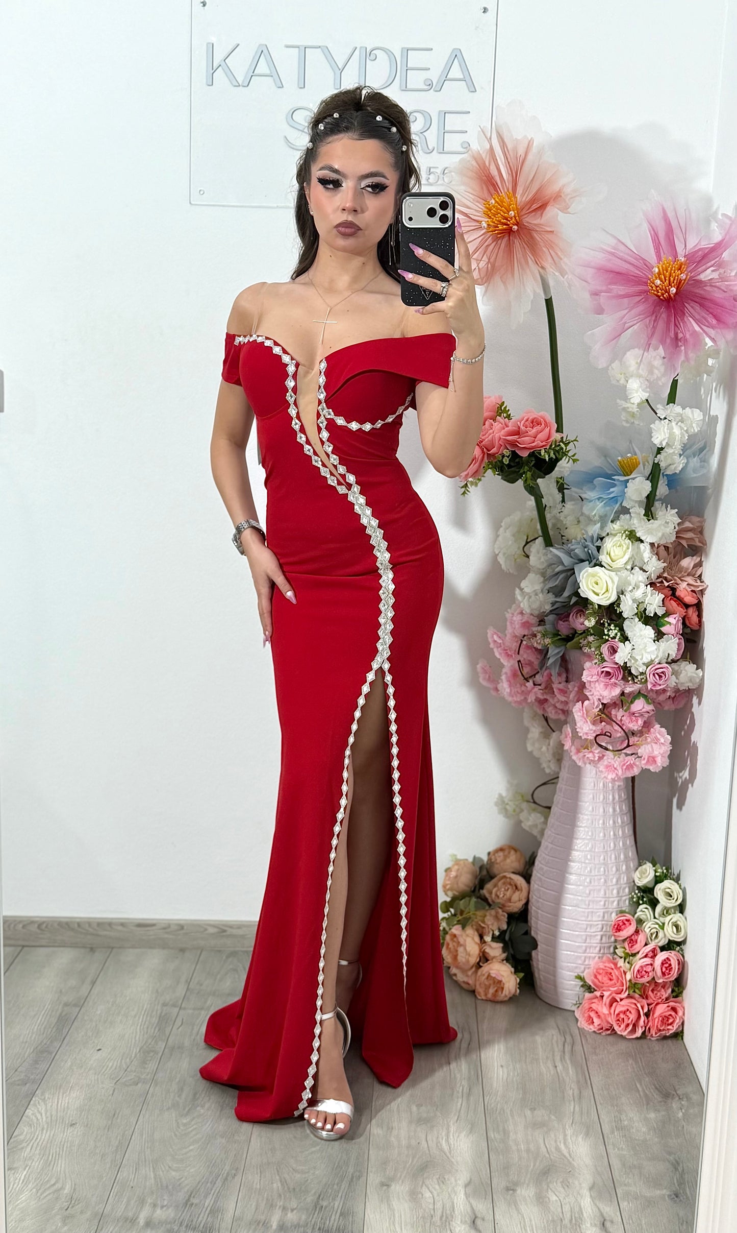 Rochie rosie lunga tip sirena Katherine