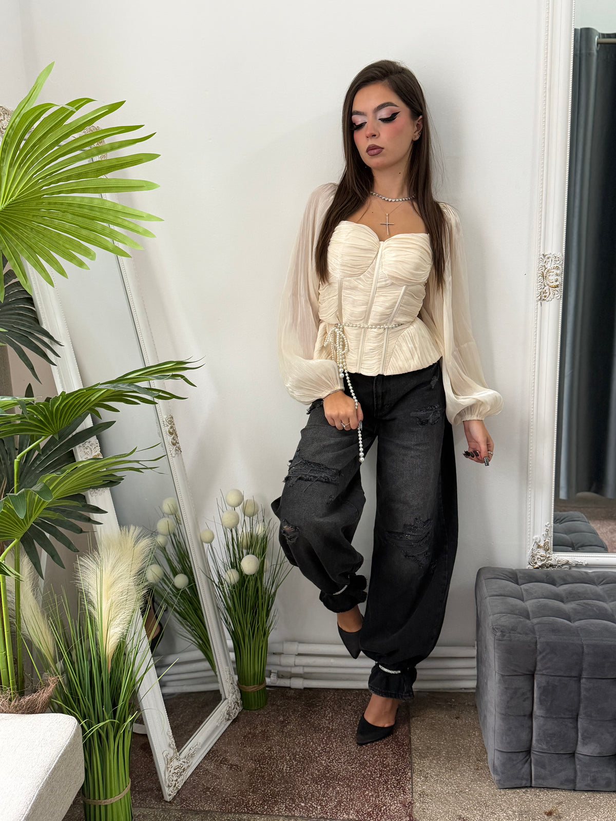Top satinat bej