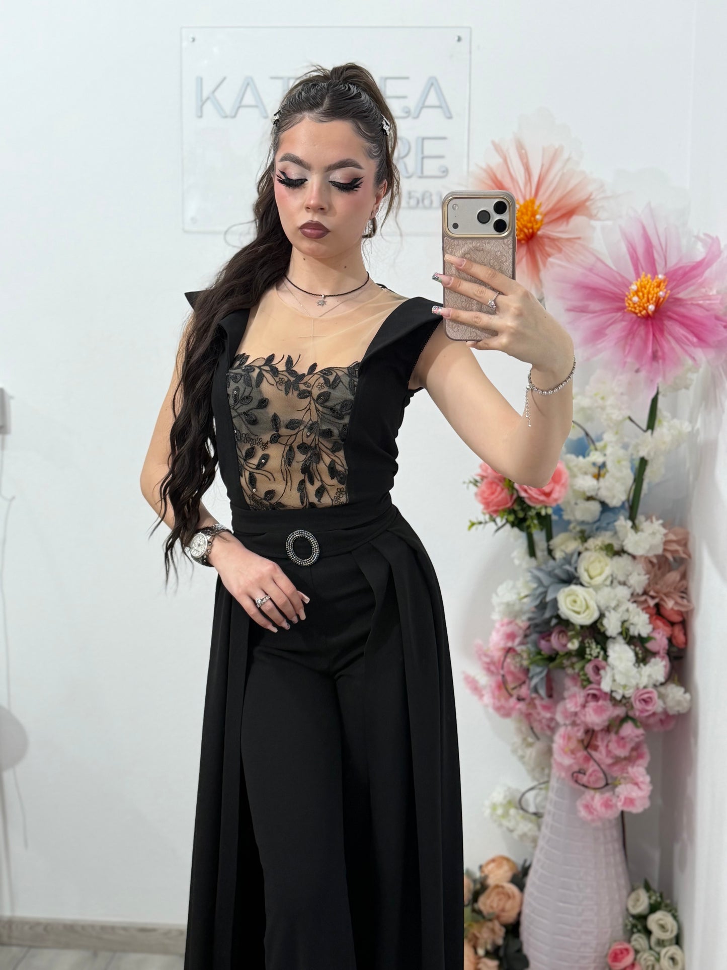 Salopeta neagra eleganta cu trena detasabilă Belle