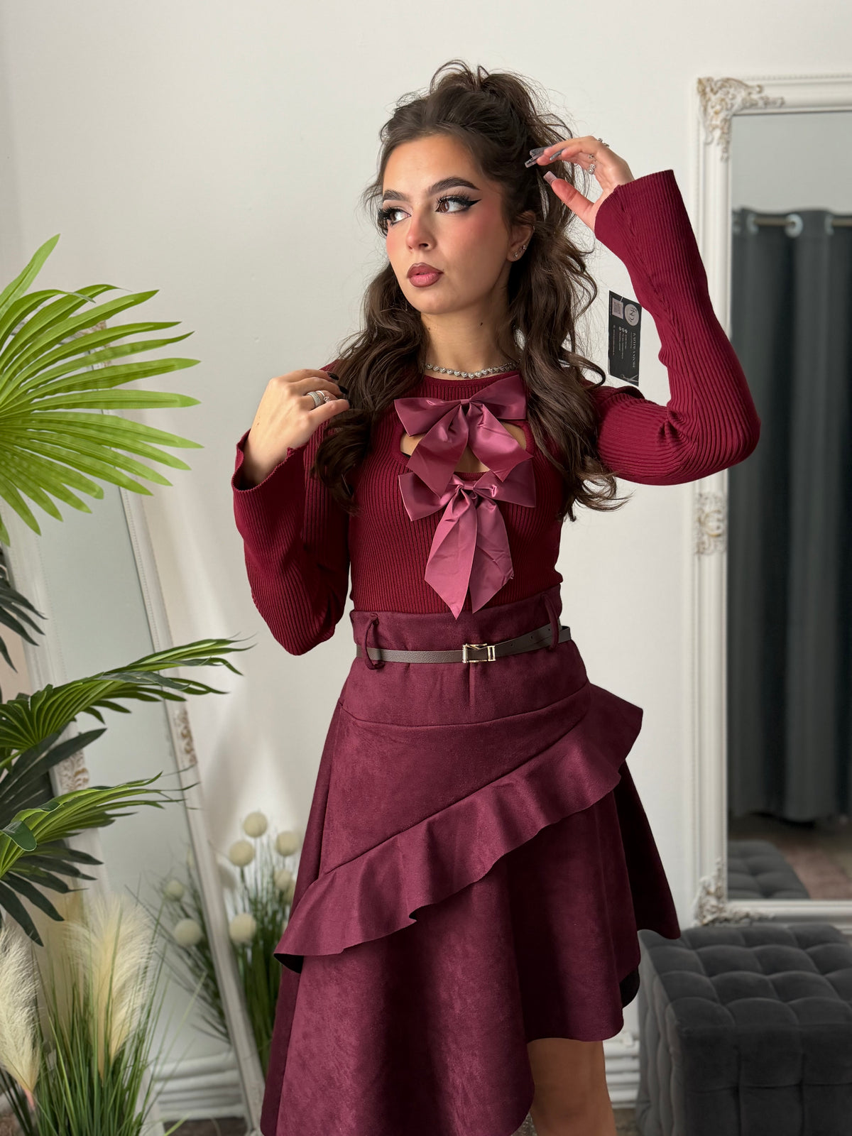 Fustă asimetrică din imitație de piele burgundy