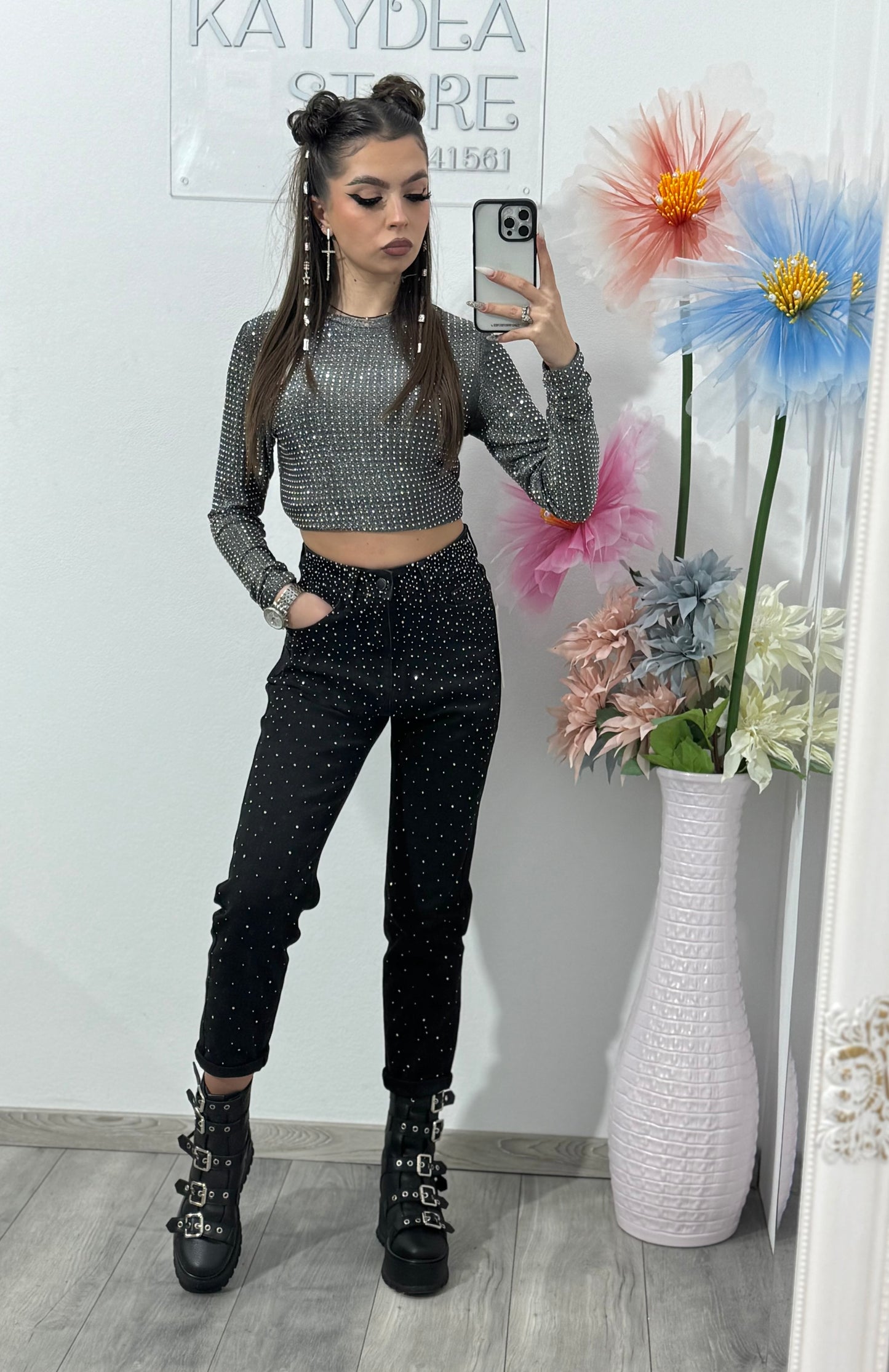 Jeans MOM Fit negri cu cristale ștanțate KATE