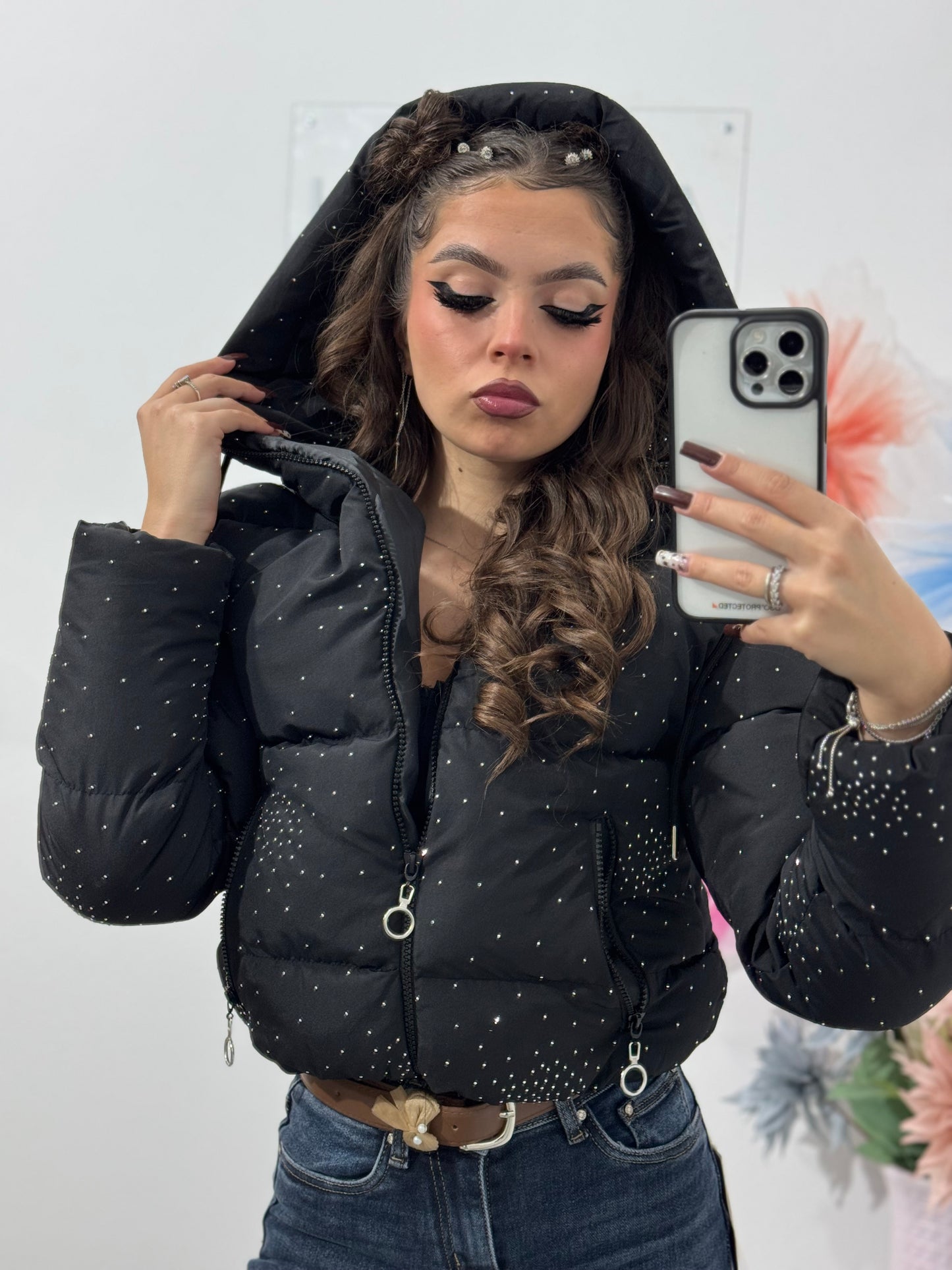 Geacă neagră cu cristale ștanțate Tamarra