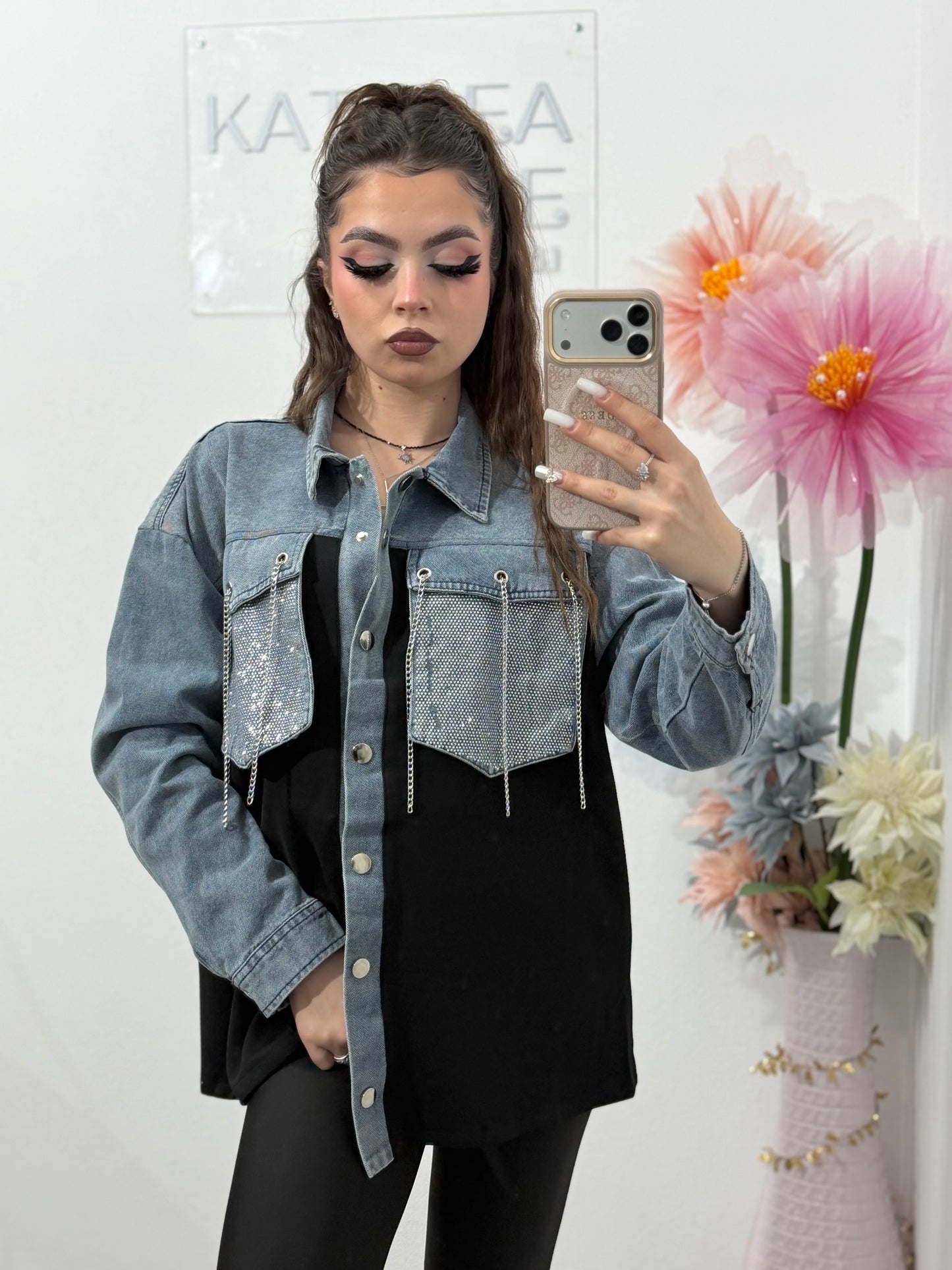 Camasa tip jacheta cu insertii denim si cristale