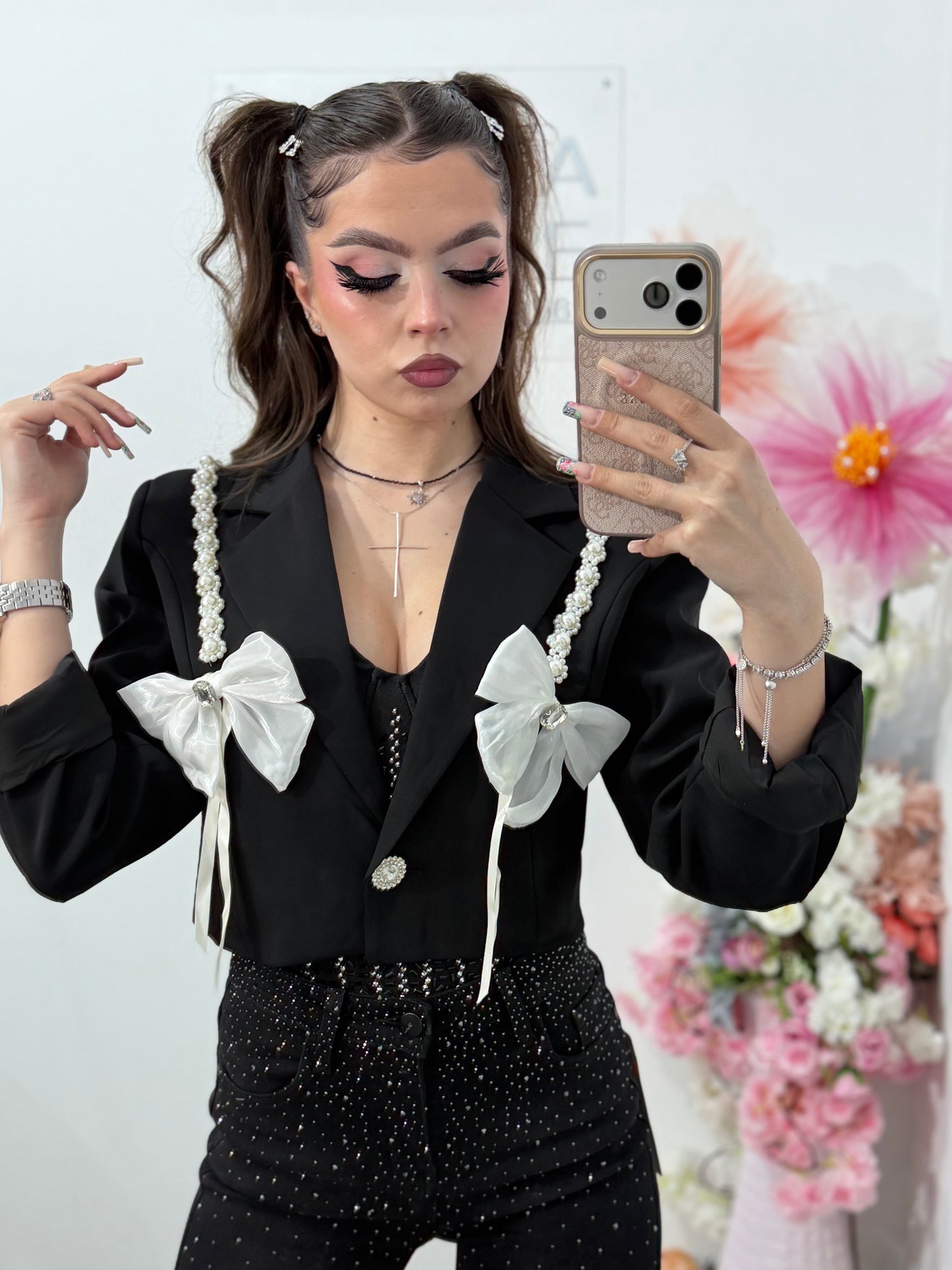 Sacou cropped cu fundițe si perle ANA