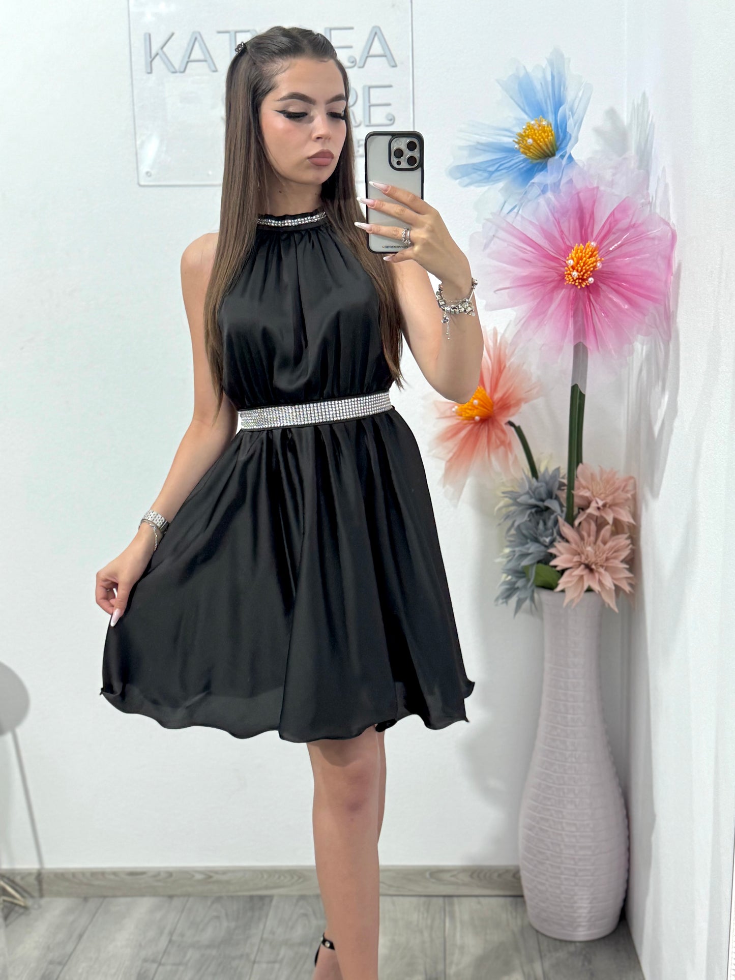 Rochie din satin neagră Anastasia