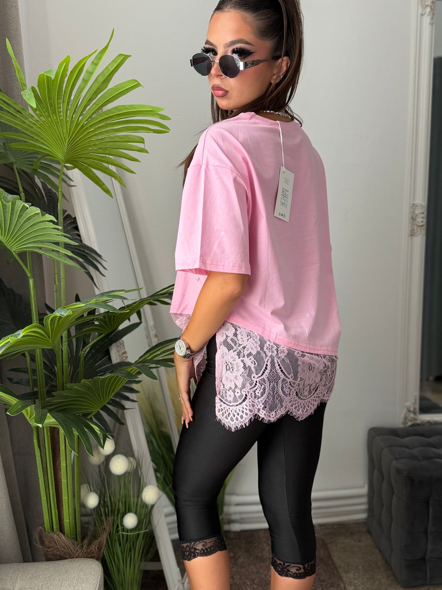 Tricou roz cu cristale și dantelă DENISSA