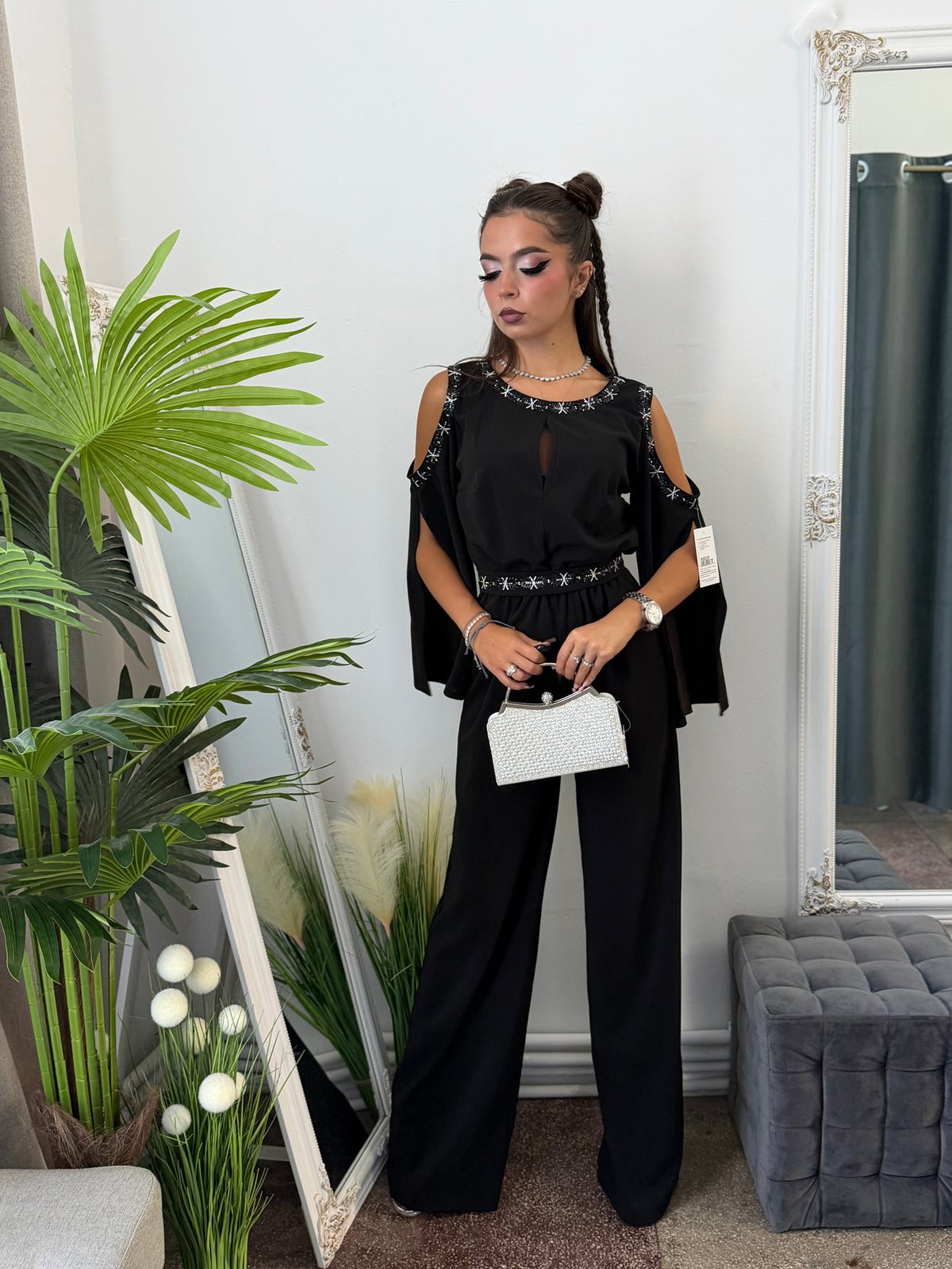 Salopetă elegantă neagra cu detalii argintii ELSA