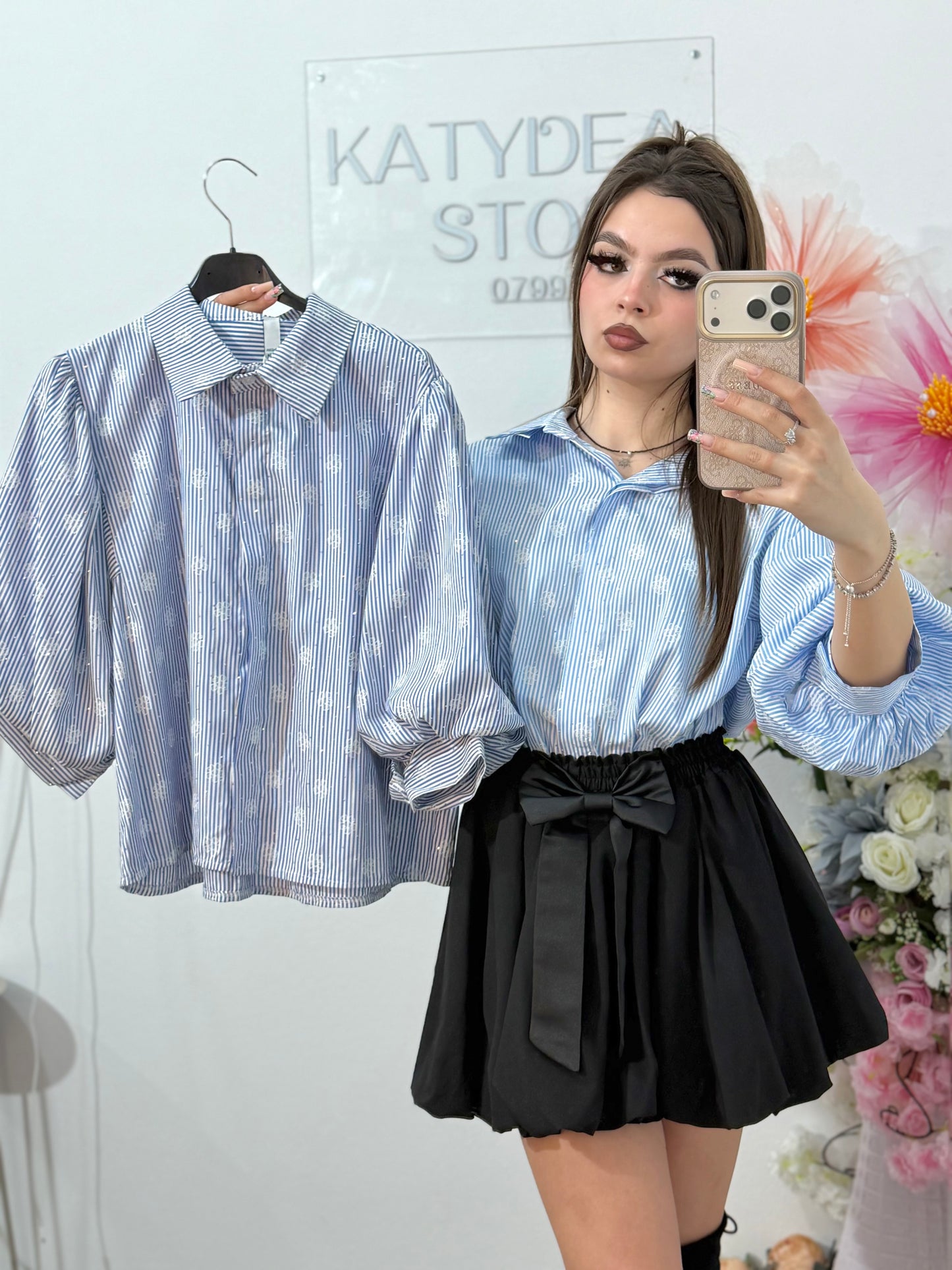 Cămașă delicată cu dungi și cristale ștanțate DELIA