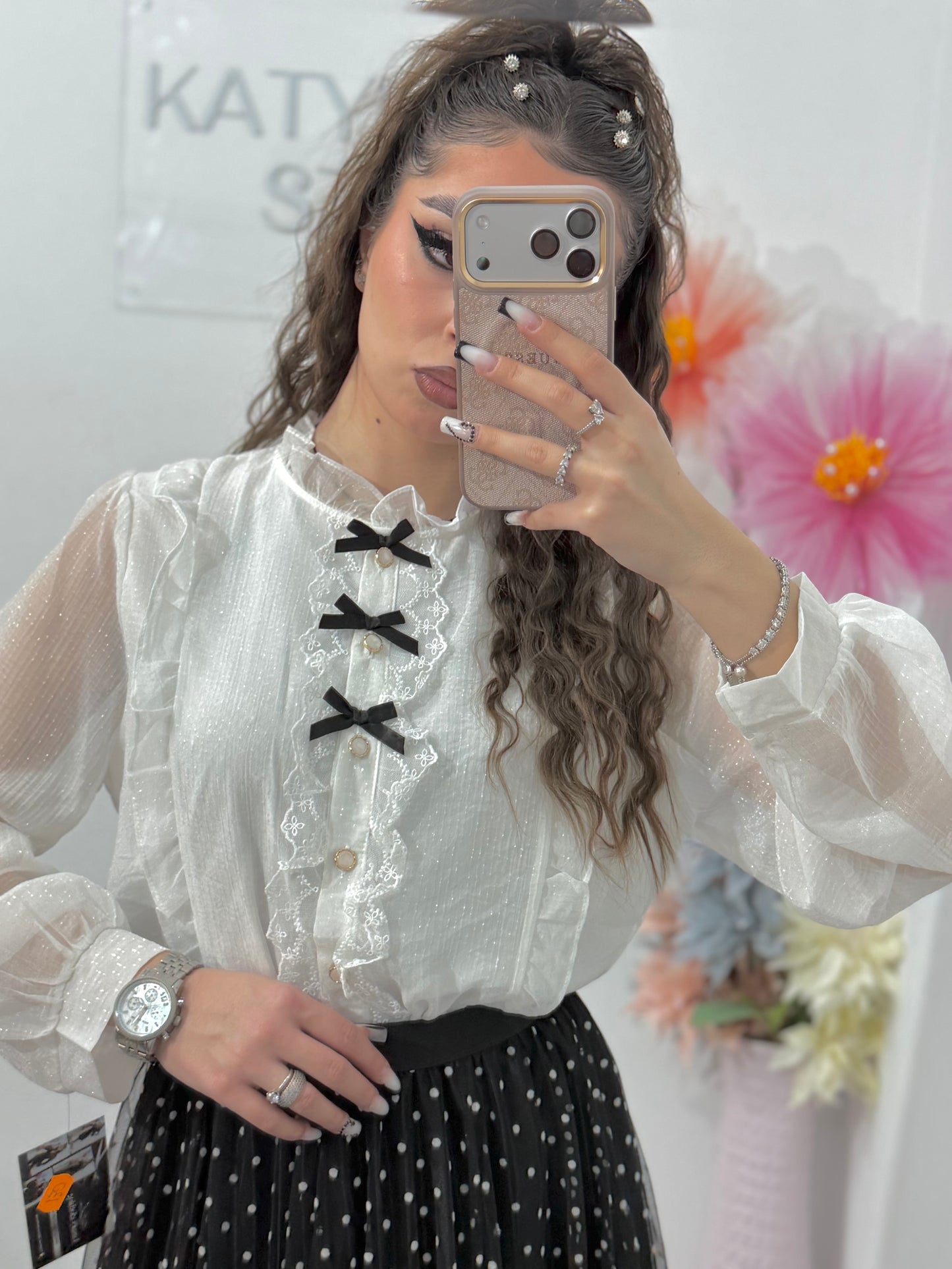 Cămașă elegantă din dantelă cu fundiță ELENA