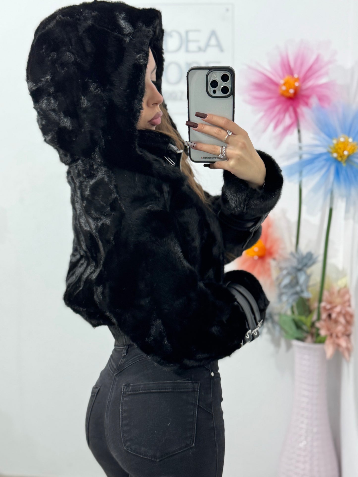 Geacă cu piele și blană neagră Andree